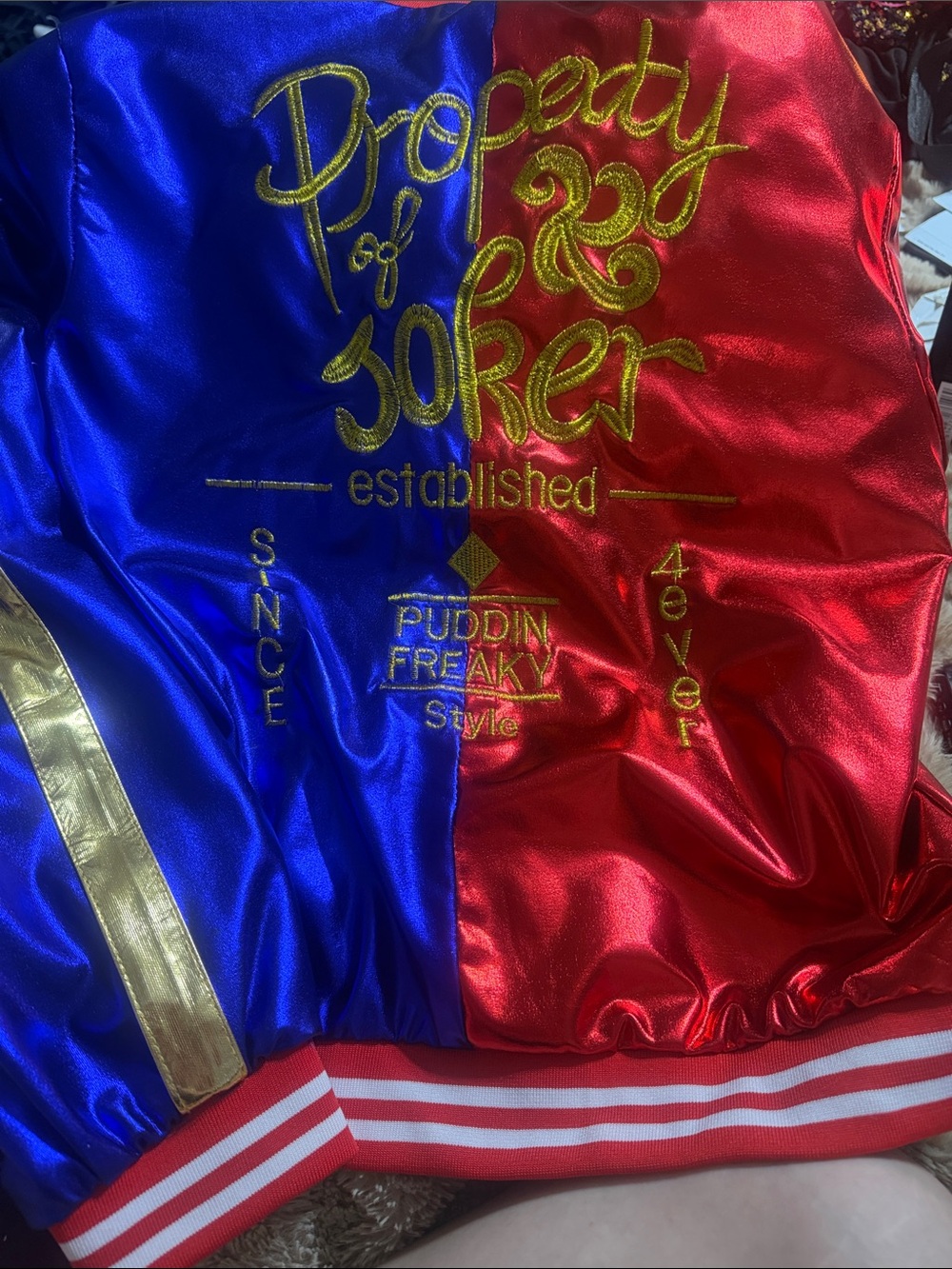 Harley Quinn Two-Tone Satin Bomber Jacket - Blue & Red medium Suicide Squad